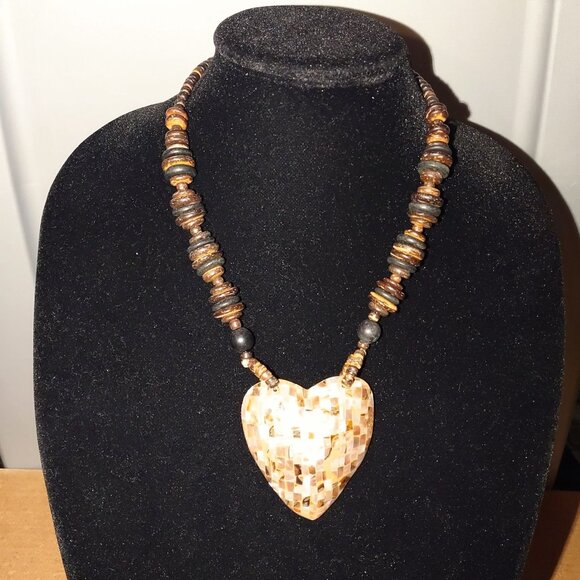 Handcrafted Heart Pendant Necklace With Beaded Brown Tones & Mosaic Shell Design - Picture 9 of 9